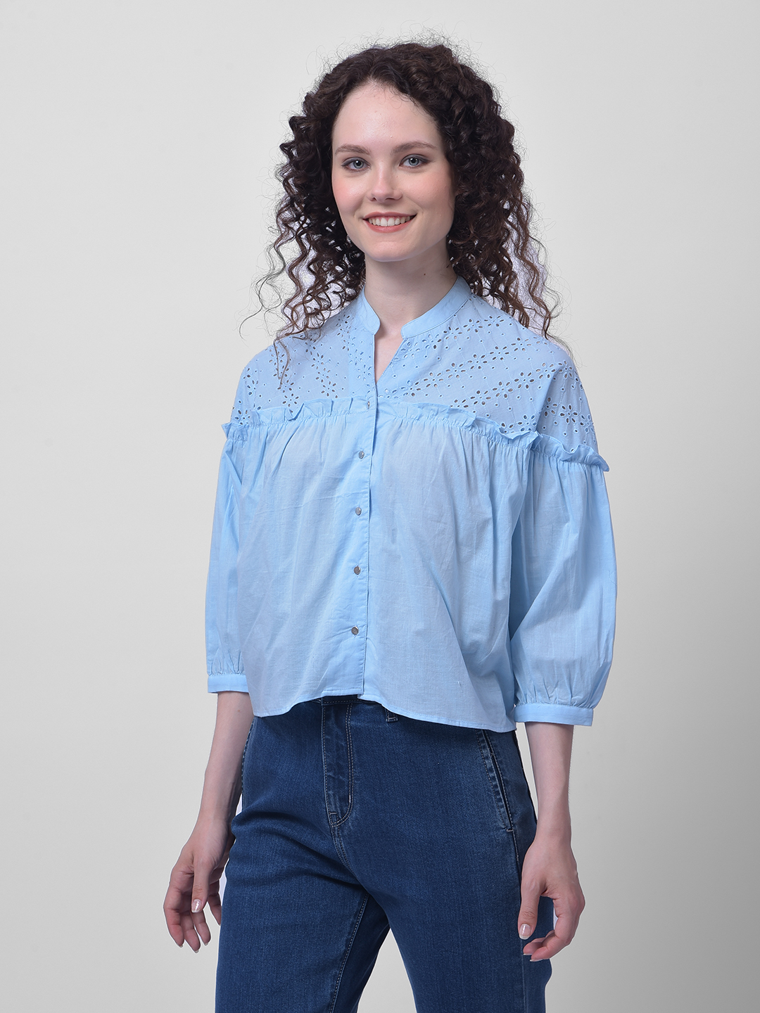 Numero Uno Women Light Blue Eyelet Yoke Cotton Top